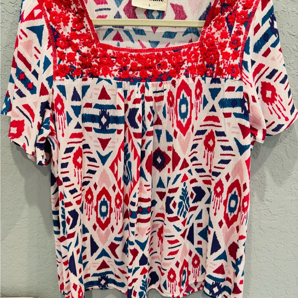 Savanna Jane Red and Blue Geometric Blouse